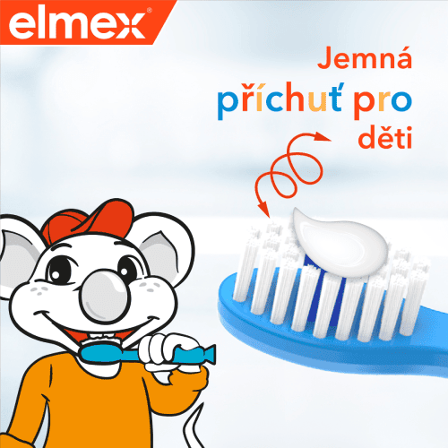 Myška elmex čistící si zuby spolu se zubním kartáčkem a zubní pastou na obrázku s popisem: jemná příchuť pro děti