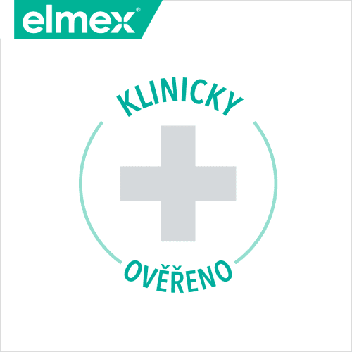Logo zubní hygienické značky s křížem a textem „Klinicky ověřeno“.
