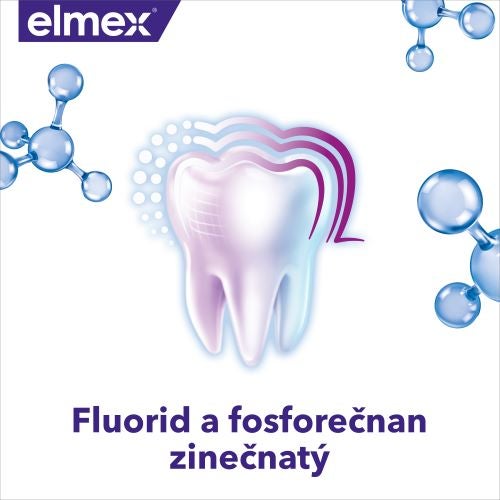 Reklama na zubní péči s vyobrazeným zubem a molekulami, zvýrazňující fluorid a fosforečnan zinečnatý.